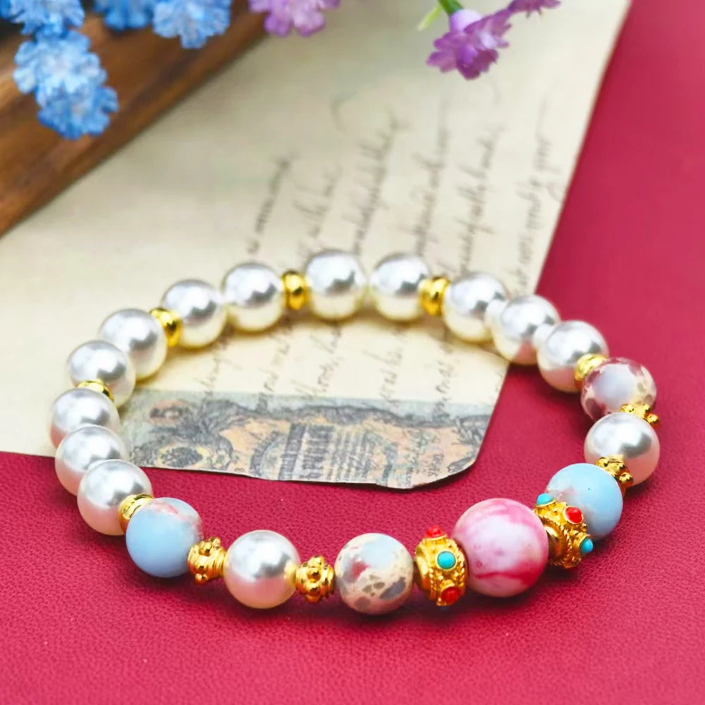 NEW White Pearl Natural Stone Beaded Bracelet for Women Golden Colorful Boho Bracelet Wedding Party Daily Wear Jewelry Gift