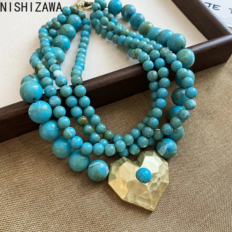 Multilayer Acrylic Beaded Necklaces Geometric Heart Pendant Turquoise Boho Vintage Ethnic Chokers Collarbone Chain Women Jewelry