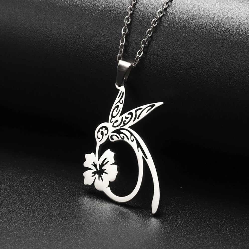 My Shape Hummingbird Flower Pendant Necklaces for Women  Bird Floral Stainless Steel Chain Choker Fashion Jewelry Gifts