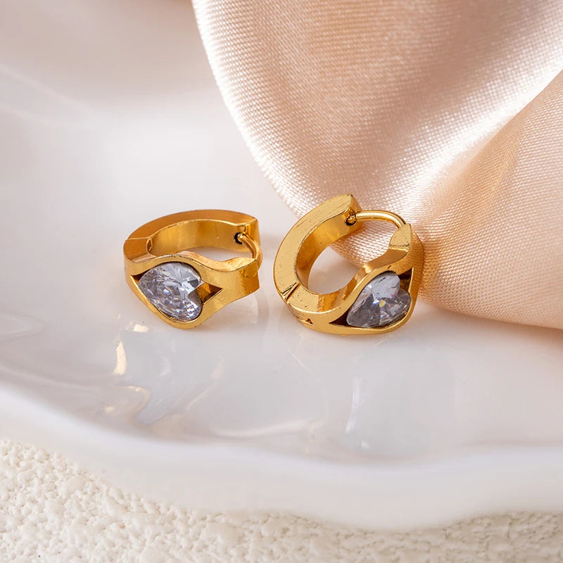 ANENJERY 316L Stainless Steel Geometry Heart Water Drop Zircon Hoop Earrings For Women Men Simple Personality Jewelry Gifts