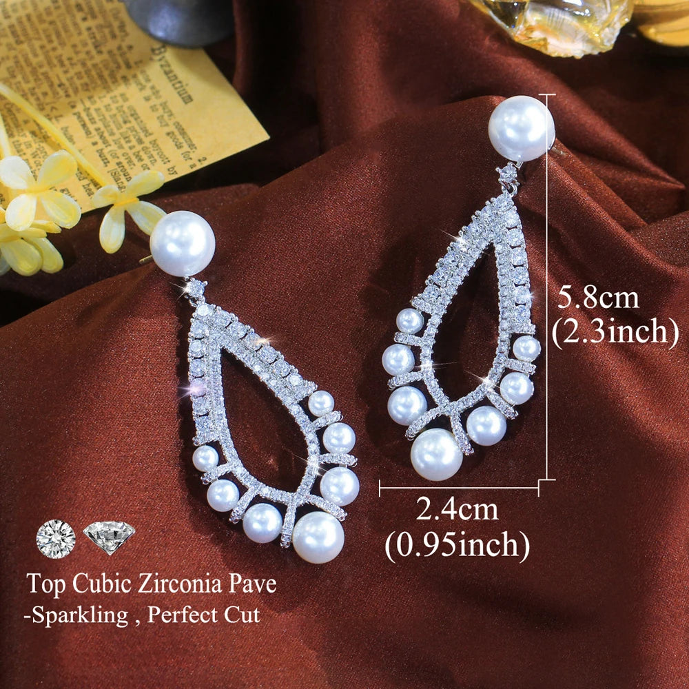 ThreeGraces Brilliant Cubic Zirconia Long Dangle Simulated Pearl Earrings for Women Luxury Bridal Wedding Party Jewelry E1376