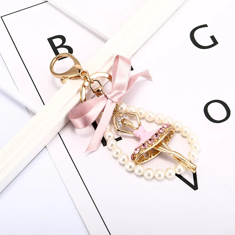Crystal Delicate Bow Pearl Ballerina Girl Key Chain Pendant Rhinestone Women Handbag Car Key Chains Beautiful Girls Bag Pendant
