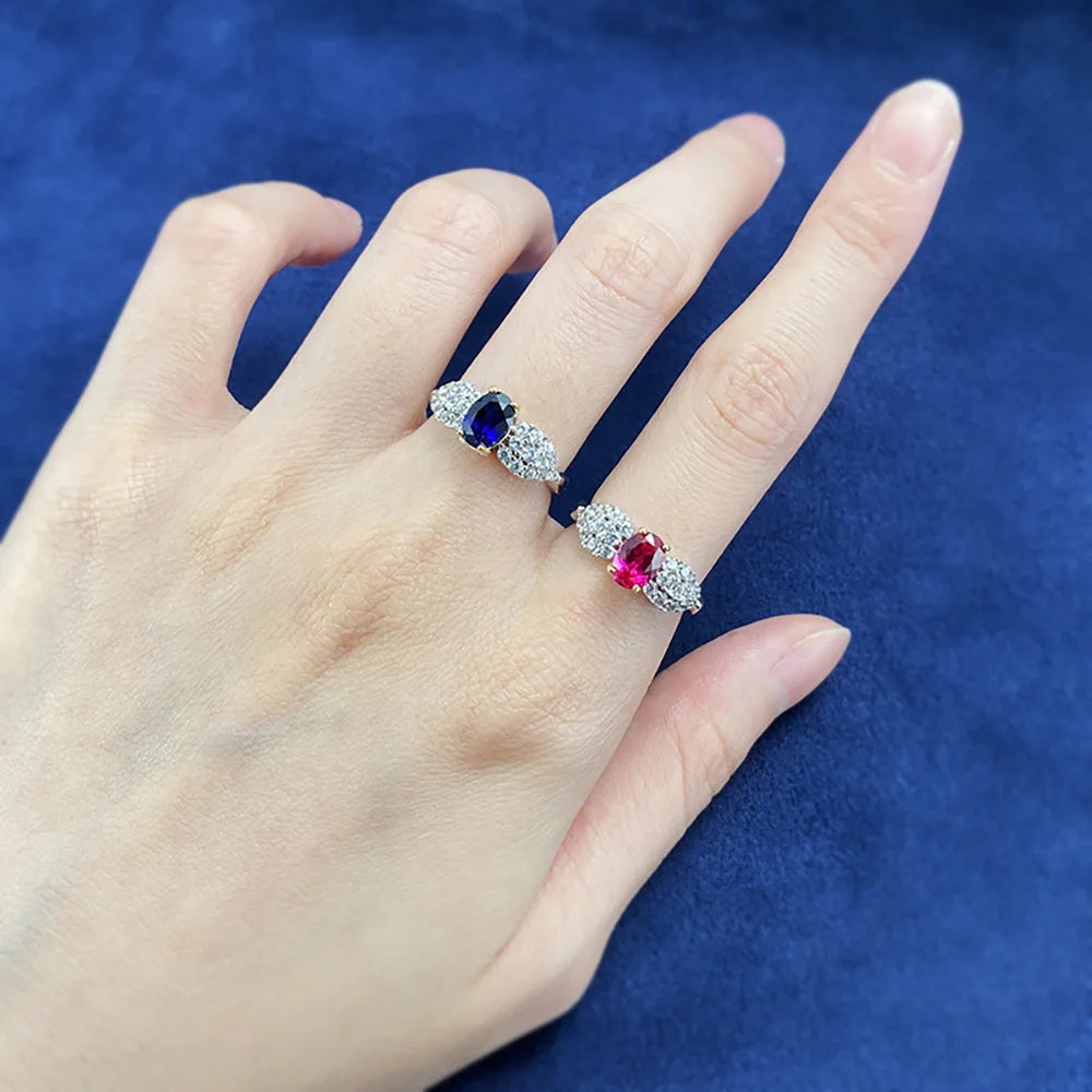 Luxury 100% 925 Real Silver 5*7mm Ruby Sapphire Rings for Women Gemstone Wedding Band Party Fine Jewelry Birthday Gift Statement