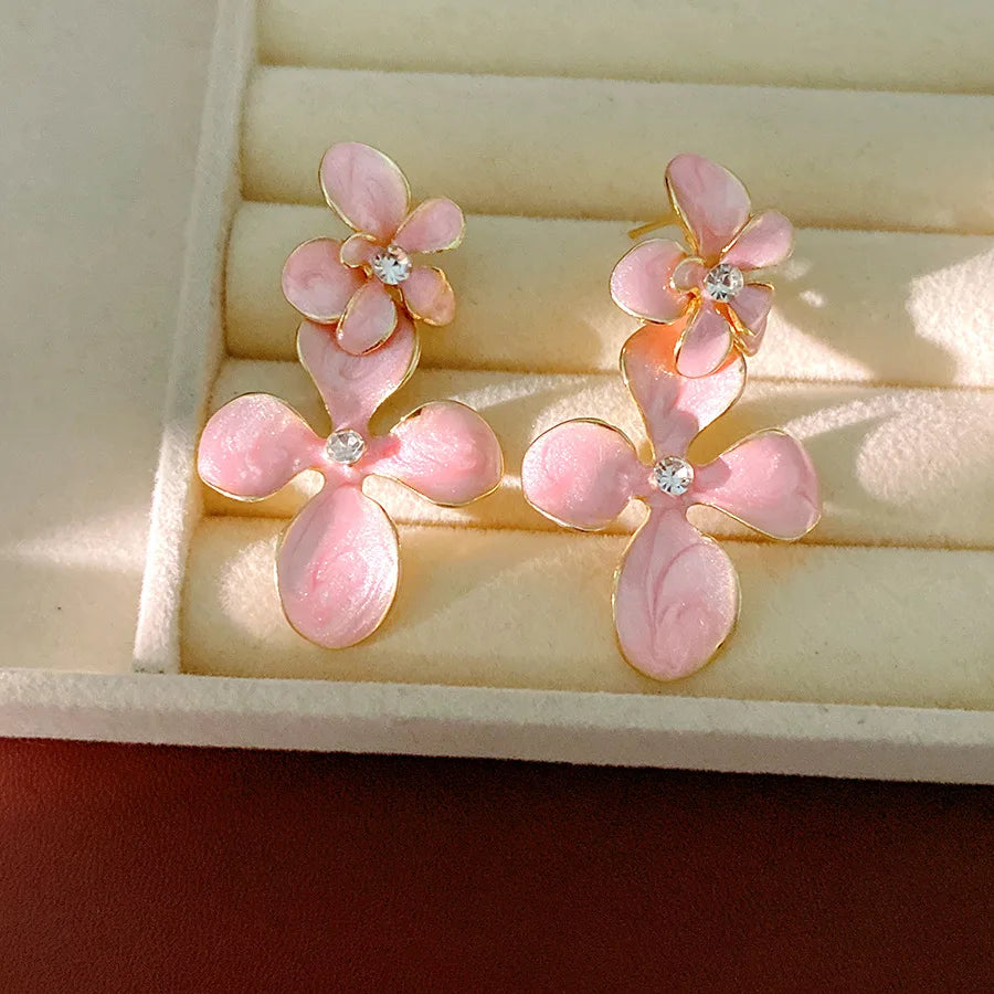 Double Layered Smudging Enamel Flower Drop Earrings for Women Vintage Shiny Rhinestones Dangle Earring Dating Party Jewelry N