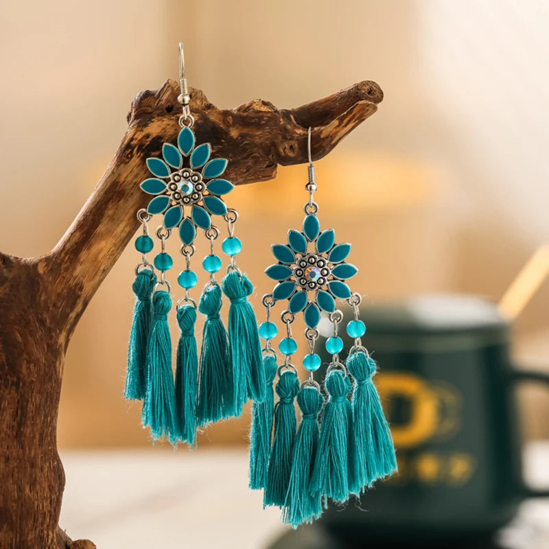 Classic Ethnic Tassel Earrings for Women Bohemian Enamel Flower Crystal Handmade Earring Female DailyVacation Jewelry