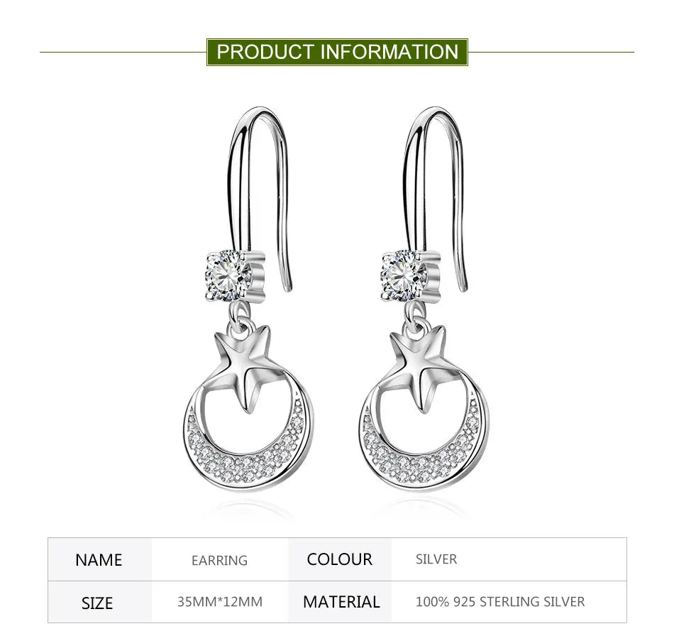 ZDADAN 925 Sterling Silver Star Moon CZ Dangle Earrings For Women Fashion Jewelry