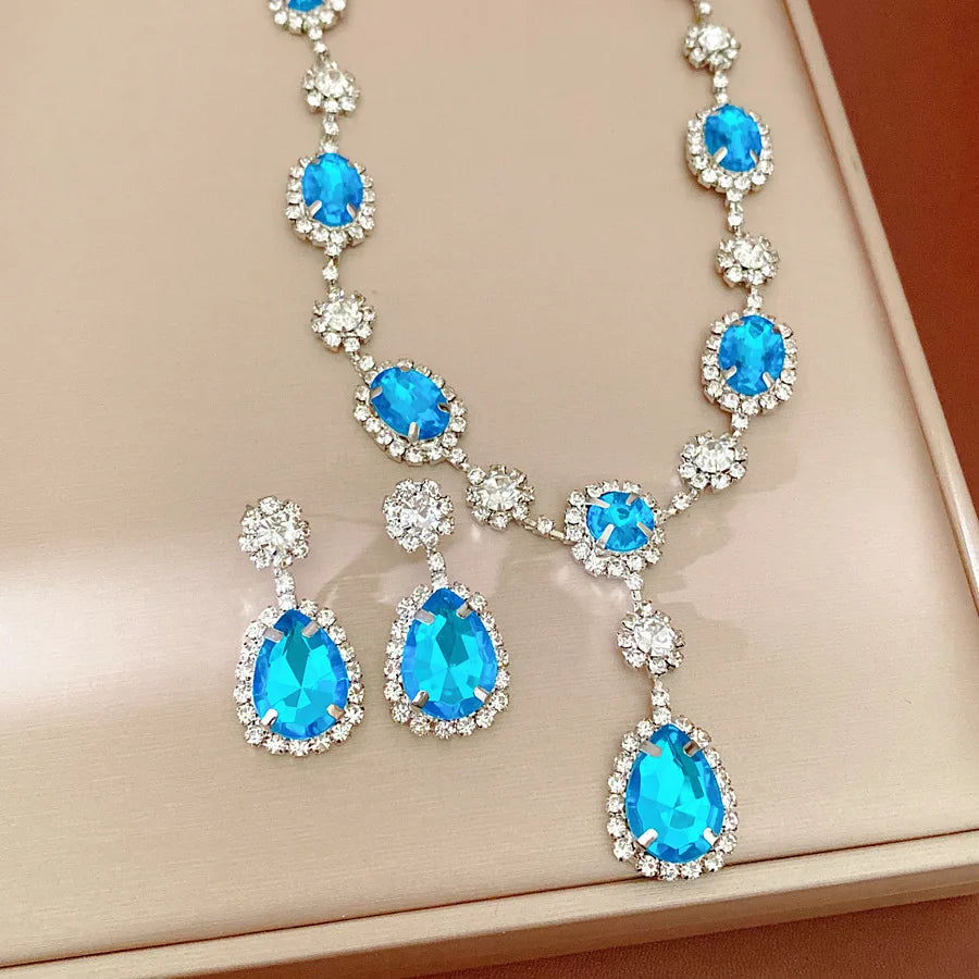 Shiny Cubic Zirconia Jewelry Set Women's Fashion Water Drop Teardrop Rhinestone Choker Necklace Dangle Earrings for Party K