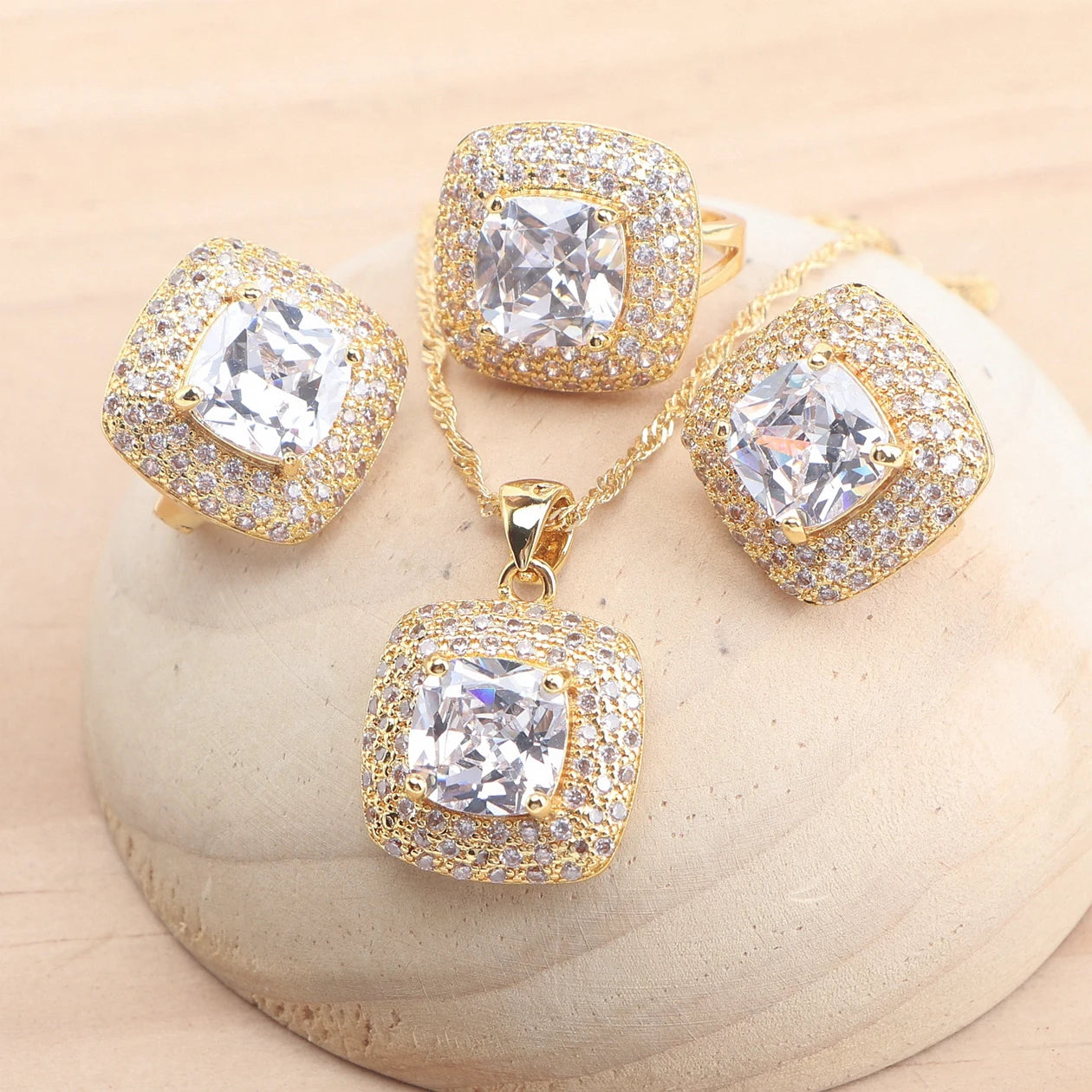Bridal Jewelry Sets 925 Sterling Silver Rose Gold Color Red Zircon For Women Earrings Rings Pendant Wedding Necklace Set