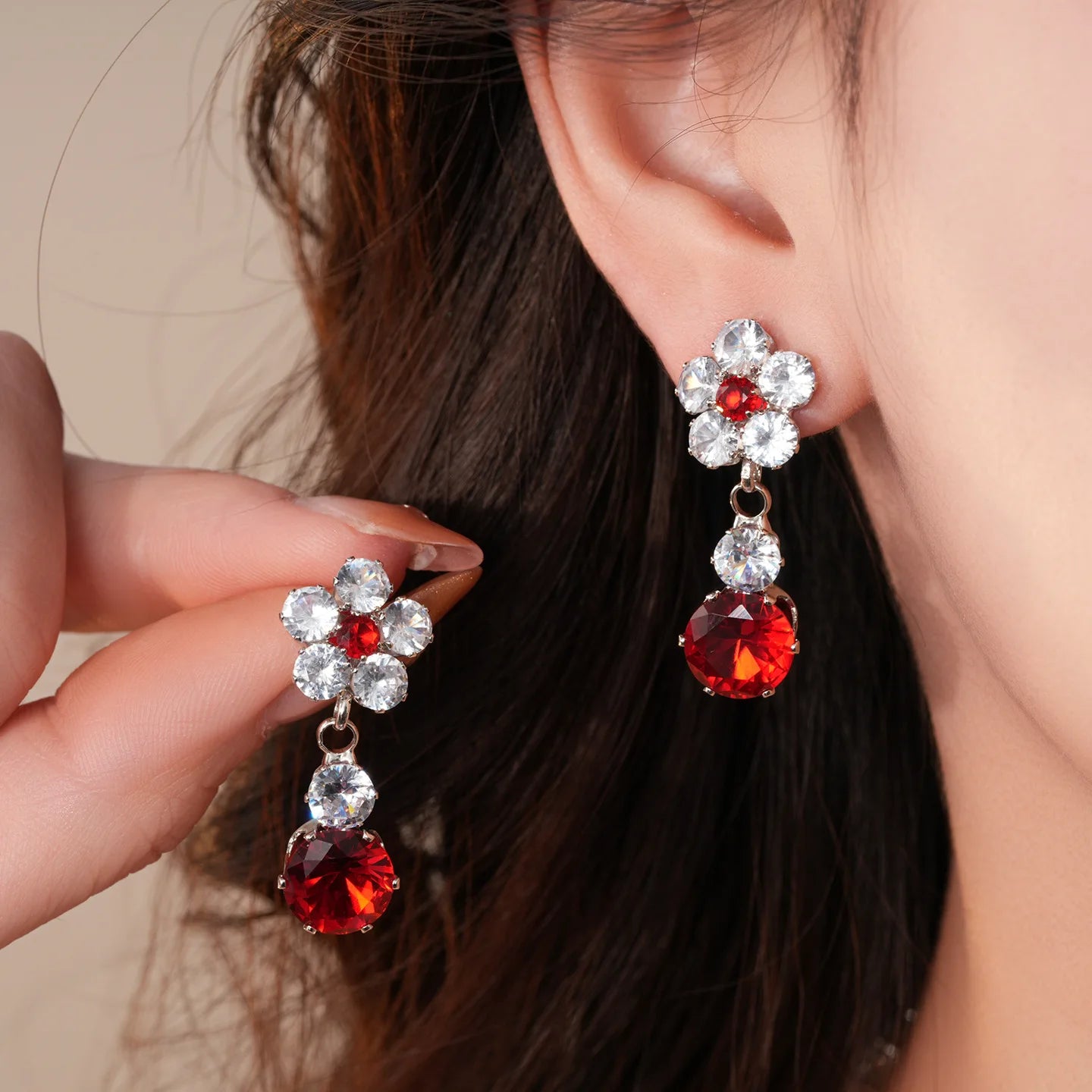 2 Pcs Reteo Flower Rhinestones Chokers Necklaces for Gathering Bling Color-block Dangle Earrings Banquet Anniversary Set H