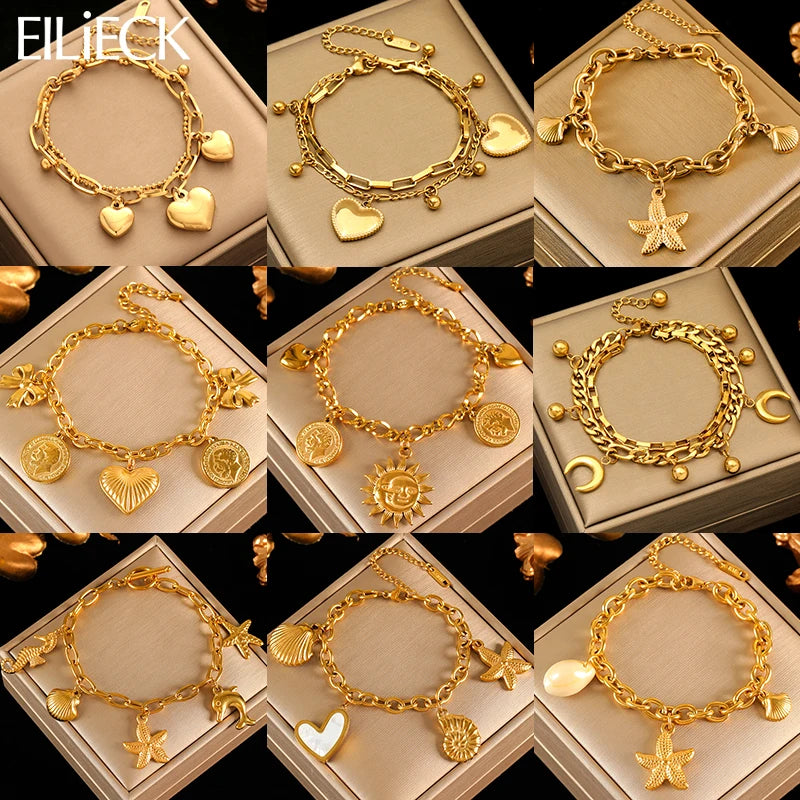 EILIECK 316L Stainless Steel Metal Golden Sun Moon Starfish Bracelet For Women Trendy Wrist Chain Handmade Jewelry Gift Party