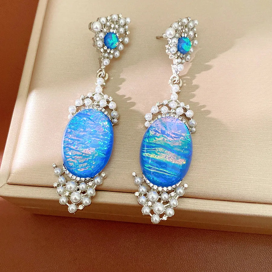 Imitation Pearl Necklace Drop Earrings Oval Shaped Pendant Necklace Earring Women's Fashion Rhinestone Party Jewelry Set  K
