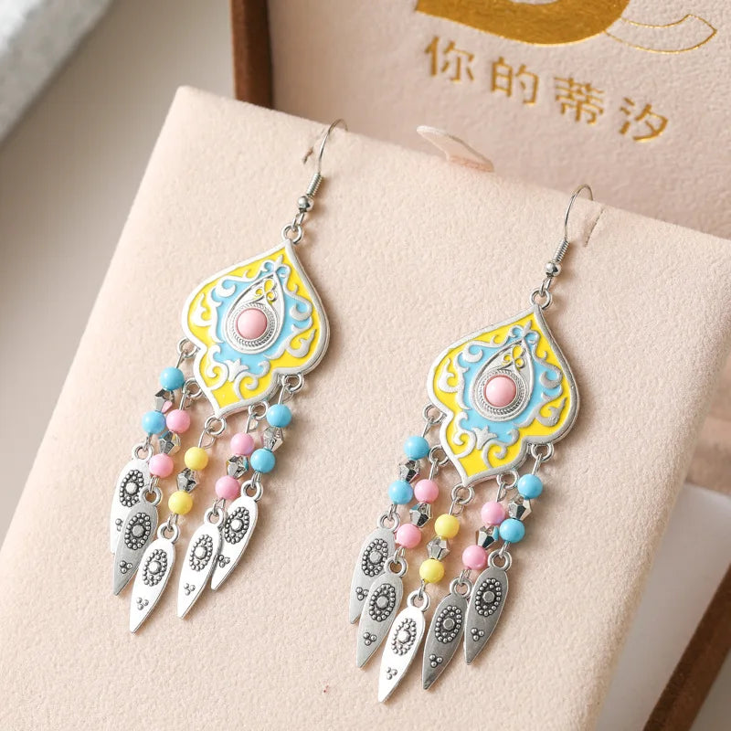 Ethnic Unique Pattern Geometric Charm Earrings for Women Creative Drop Oil Colorful Beads Metal Tassel Hanging Earrings Jewelry