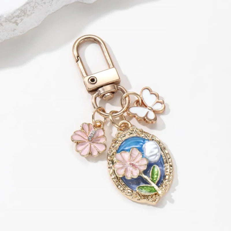 Pretty Flower Pearl Butterfly Enamel Keychain Cartoon Baroque style Plant Key Ring For Women Girls Handmade Gift DIY Jewelry