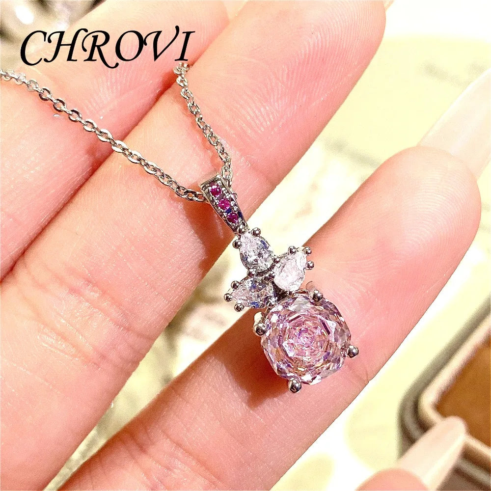 Luxury 925 Sterling Silver Millennium Rose Diamond Pendant Necklace, Diamond Ring and Stud Earring Set