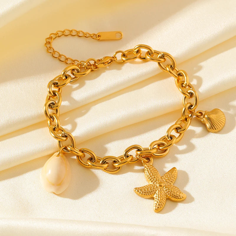 EILIECK 316L Stainless Steel Metal Starfish Shell Seahorse Bracelet For Women Trendy Wrist Chain Waterproof Beach Jewelry Gift