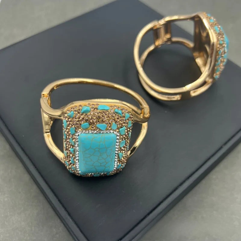 Turkish Natural Blue Turquoise Earrings Women Gemstone Rhinestone Crystal Jewelry Sets Party Wedding Dress Accessories Aretes
