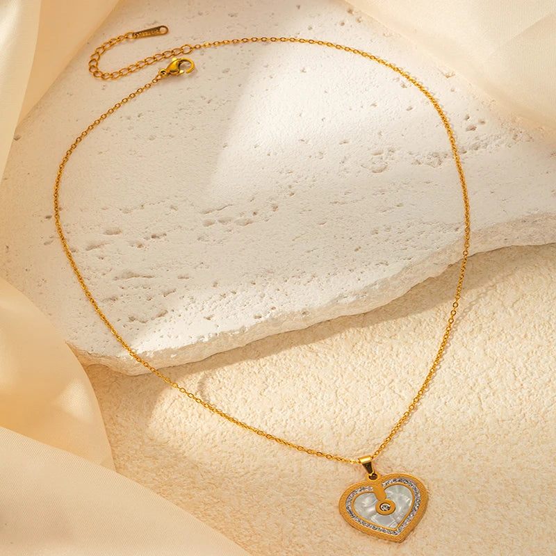 ANENJERY 316L Stainless Steel Double sided Heart Shiny Zircon Necklace Earrings For Women Niche Vintage Jewelry Gifts Wholesale