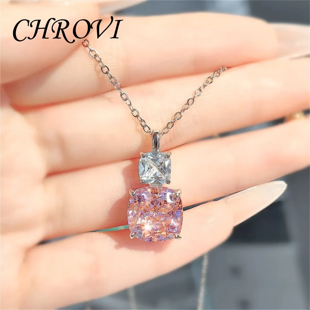 Fashion 925 Sterling Silver Pink Diamond Necklace with Purple Pendant, Stud Earrings, Ring, and Coloured Gemstone Set for Women