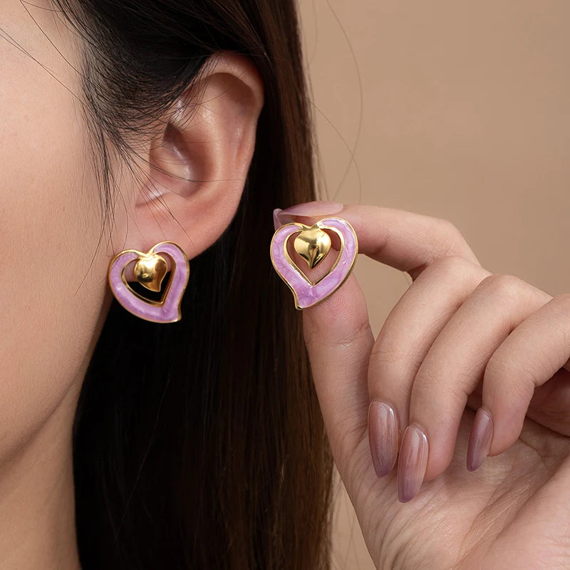 ANENJERY 316L Stainless Steel Hollow Double Heart Stud Earrings For Women Special Luxury Design Lady Jewelry Gifts