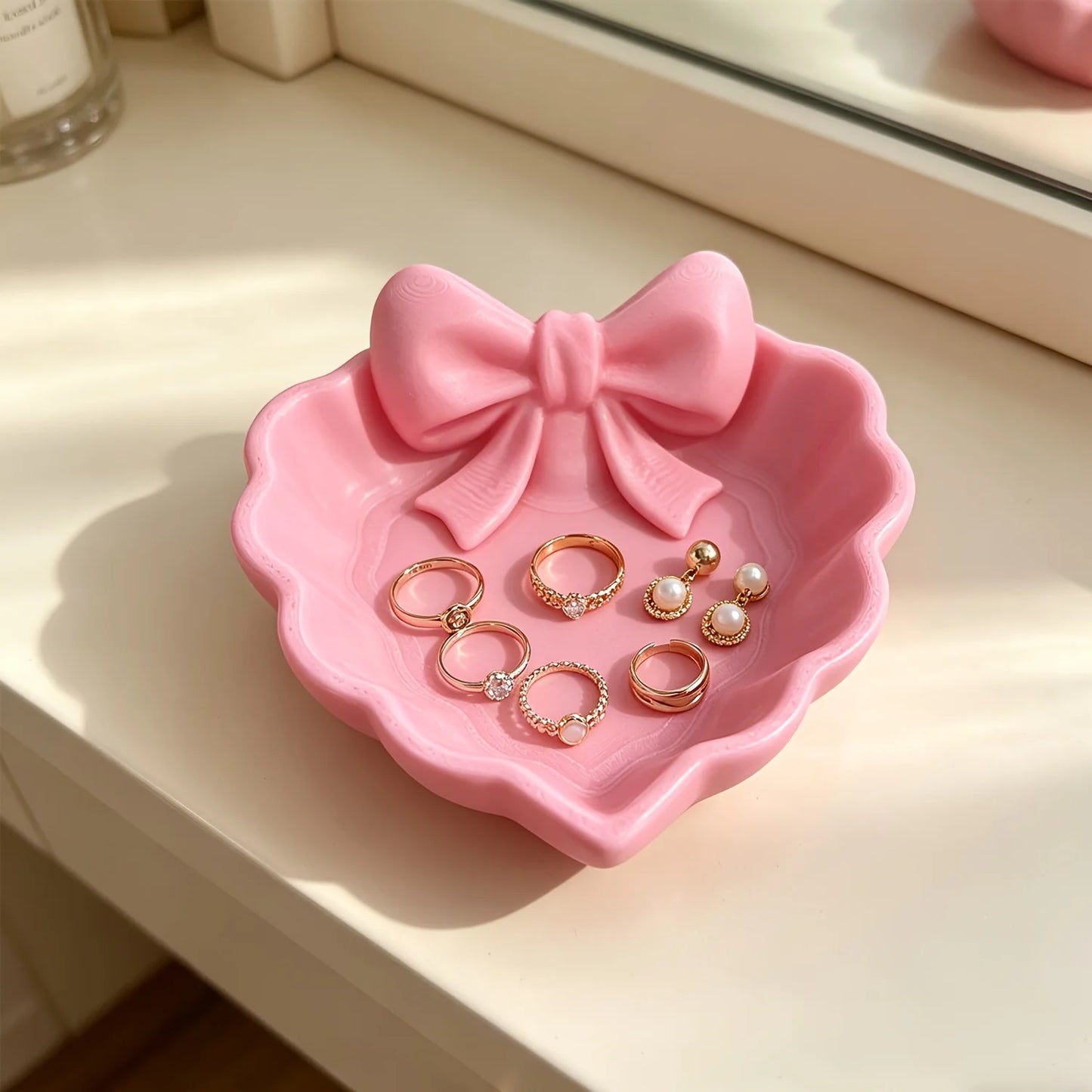 Cute Pink Bow Heart Jewelry Tray Desktop Trinket Organizer Decor Display Plate for Rings Earrings Small Accessories