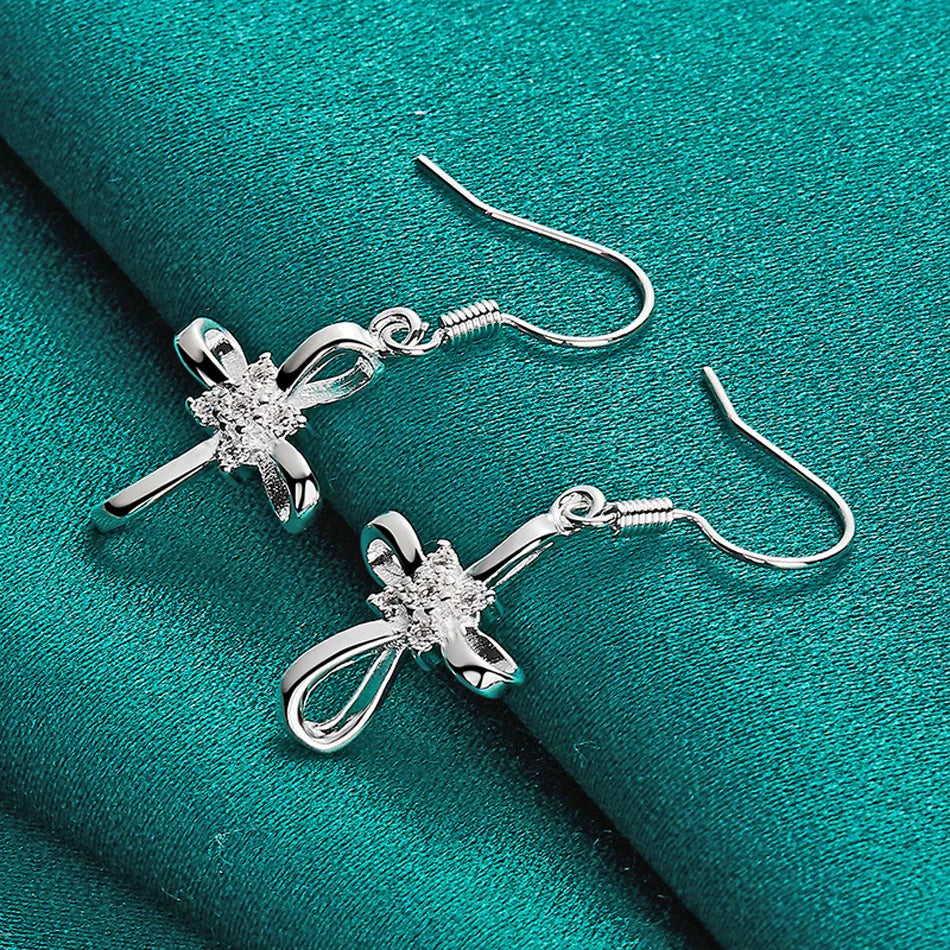 URMYLADY 925 Sterling Silver Bowknot Zircon Earrings For Women Wedding Party Charm Jewelry