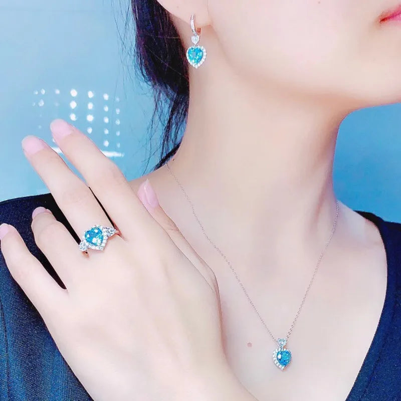 925 Sterling Silver Fine Jewelry Set Heart Shaped Blue Zircon Earrings Set Ring Pendant Earrings Women Engagement Party