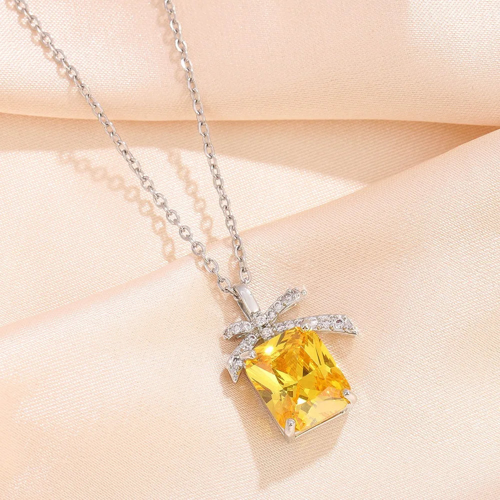 Yellow CZ Pendant Necklace for Women Silver Tone Bow Charm Crystal Necklaces Elegant Fashion Jewelry Gift new hot