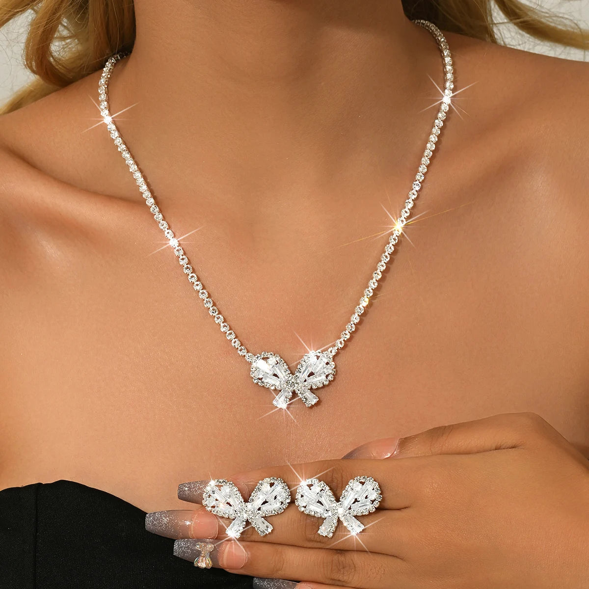 Sparkling bow, crystal necklace, earrings, jewelry set, ball bridesmaid, sweet girl style, summer graduation party accessories