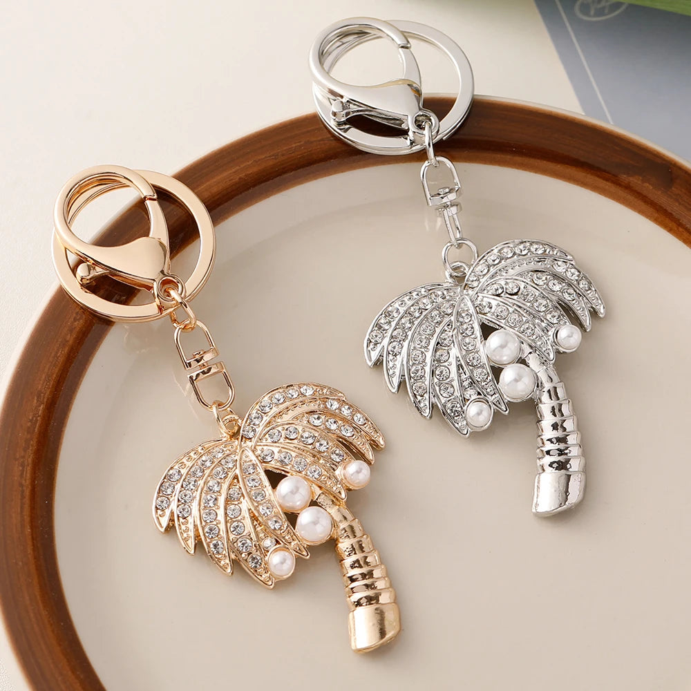 Coconut Tree Crystal Pearl Keychain Golden Color Key Ring Women's Bag Pendant Souvenir Gift Hawaii Beach