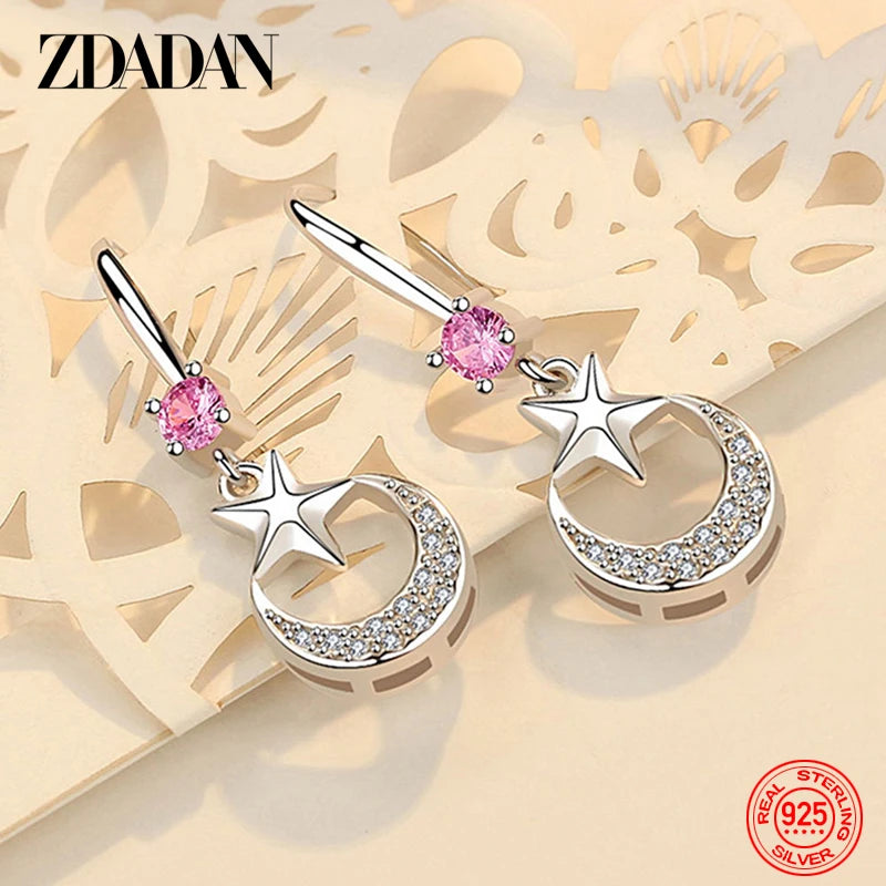 ZDADAN 925 Sterling Silver Star Moon CZ Dangle Earrings For Women Fashion Jewelry