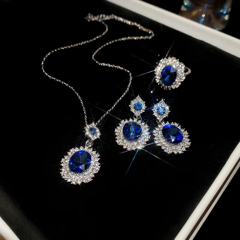 Medium Vintage Inlaid Rhinestone Three-piece Jewelry Set Oval Ring Earring Light Luxury Fashion Necklace Accessories Set