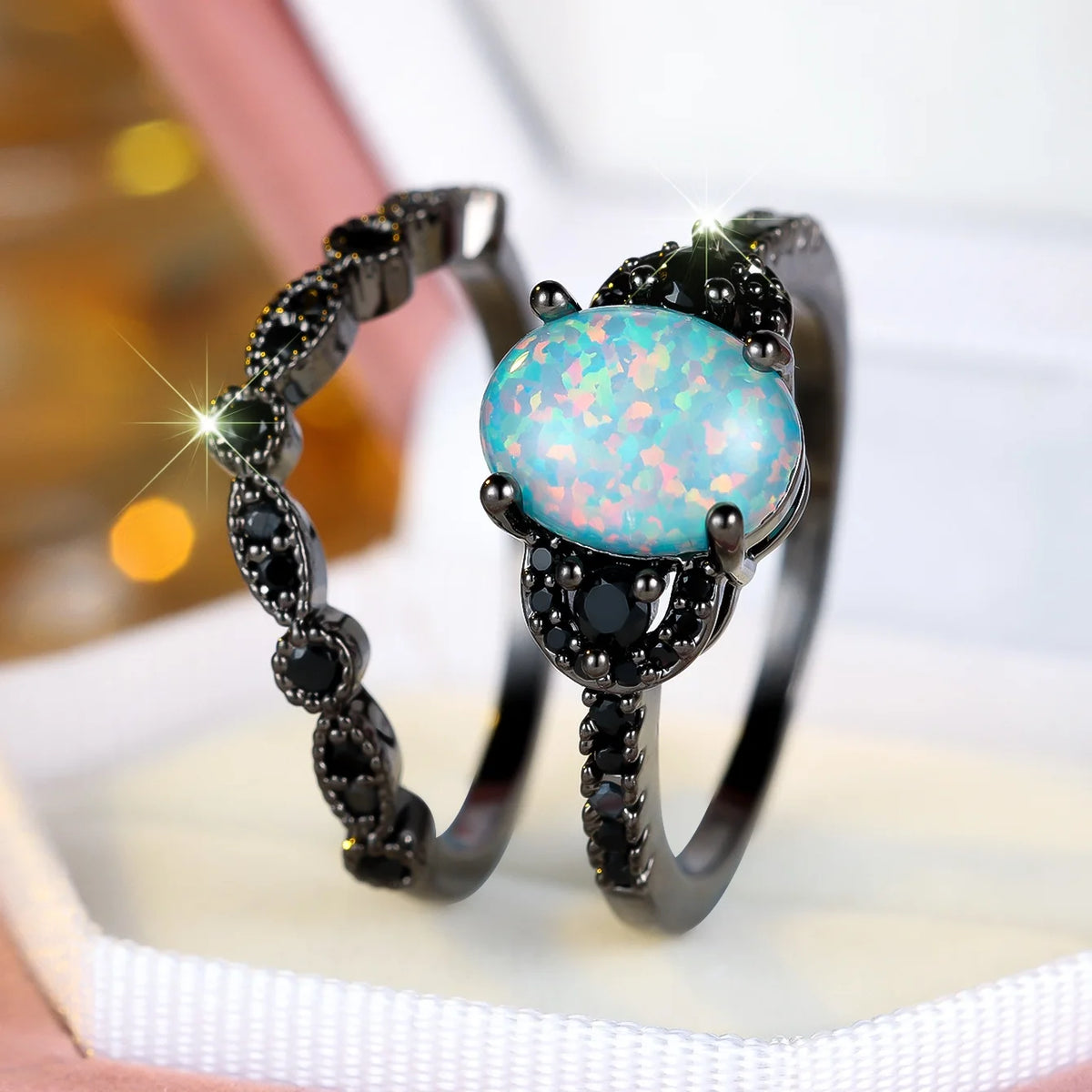 Small Round Charm Female Fashion Bule Opal Engagement Ring Set Luxury Black Color Wedding Jewelry For Women