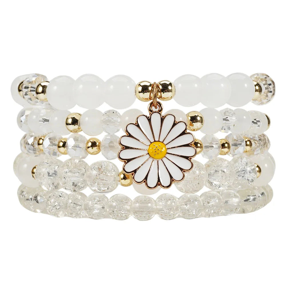 Bohemian Daisy Flower Charm Colorful Crystal Beaded Bracelet Set for Women Summer Beach Hand Jewelry Accessory Boho Wrsit Chains