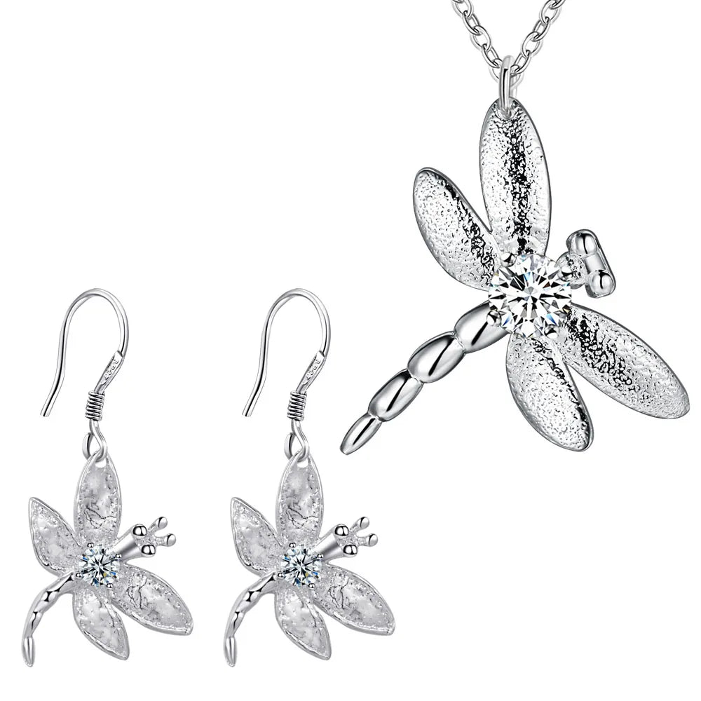 New 925 Sterling Silver Set High Quality Dragonfly Necklace Earring Chain Fashion Jewelry For Women Wedding Birthday Party Gift