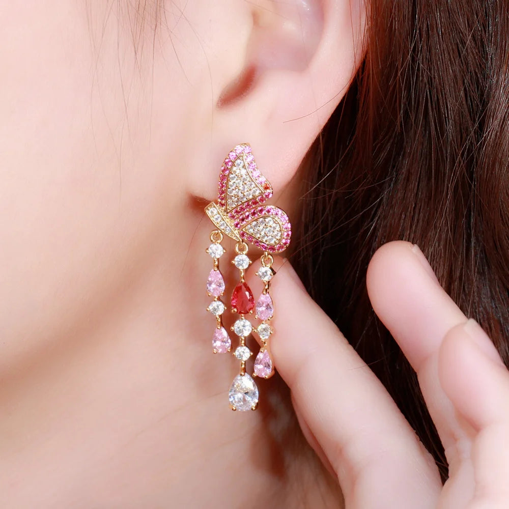 ThreeGraces Elegant Black Cubic Zirconia Butterfly Shape Long Dangle Tassel Earrings for Women New Fashion Party Jewelry E1281