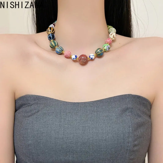 Irregular Colorful Beads Necklaces for Women New Chinese Style Vintage Chokers Jewelry Versatile Minimalist Collares Para Mujer