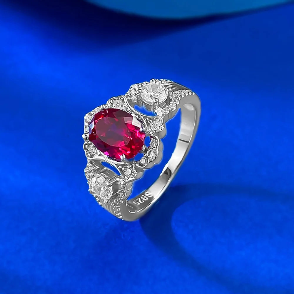 Vintage 100% 925 Sterling Silver 6*8mm Blood Ruby Rings for Women Lab Diamond Gemstone Cocktail Party Fine Jewelry Birtyday Gift
