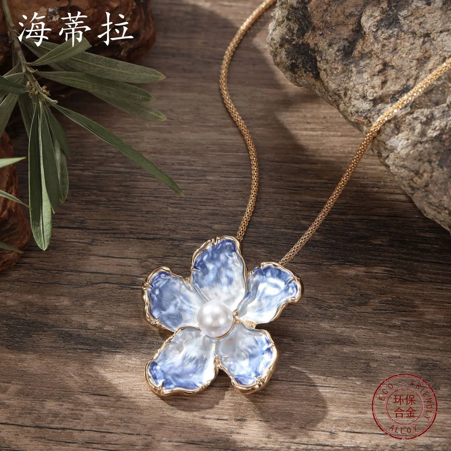 new blue enamel color camellia pendant, fashionable high sense women painting oil gradual change flower necklace