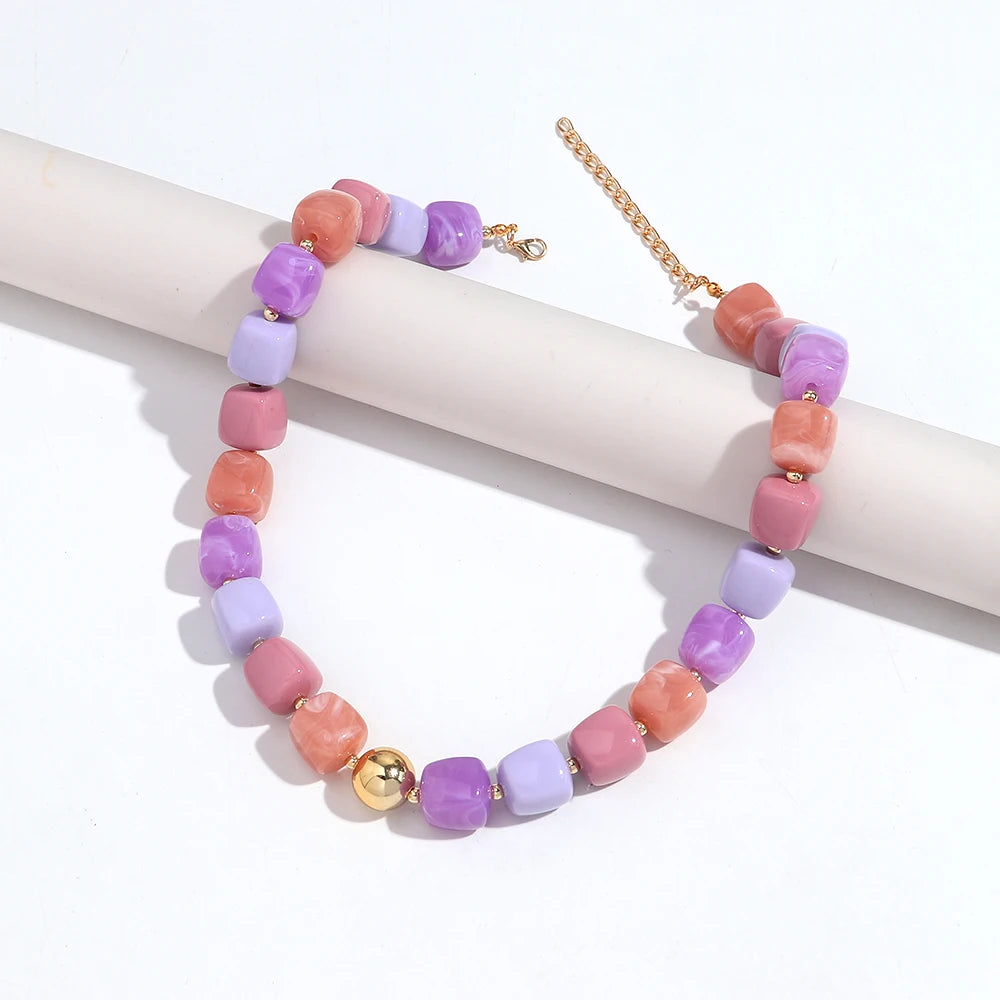 Boho Colorful Acrylic Geometric Square Beads Necklace Fashion Resin Geometry Beaded Collar Necklace 2026 New Jewelry Gifts