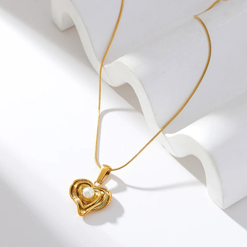 EILIECK New Fashion Stainless Steel Metal Heart Pearl Necklace Earrings For Women Trendy Gold Color Waterproof Jewelry Set Gift