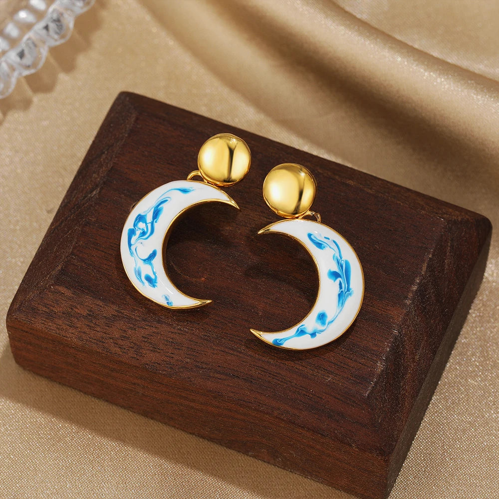 Blue White Porcelain Star Moon Oval Drop Earrings for Women Stainless Steel Gold Color Geometric Dangle Earrings Jewelry Gift