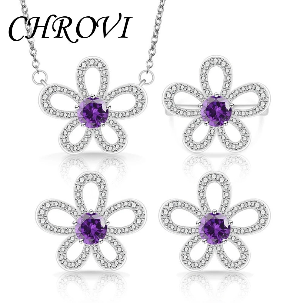 Sweet 925 sterling silver luxury full-diamond five-petal flower gemstone pendant ring earring three-piece jewelry set