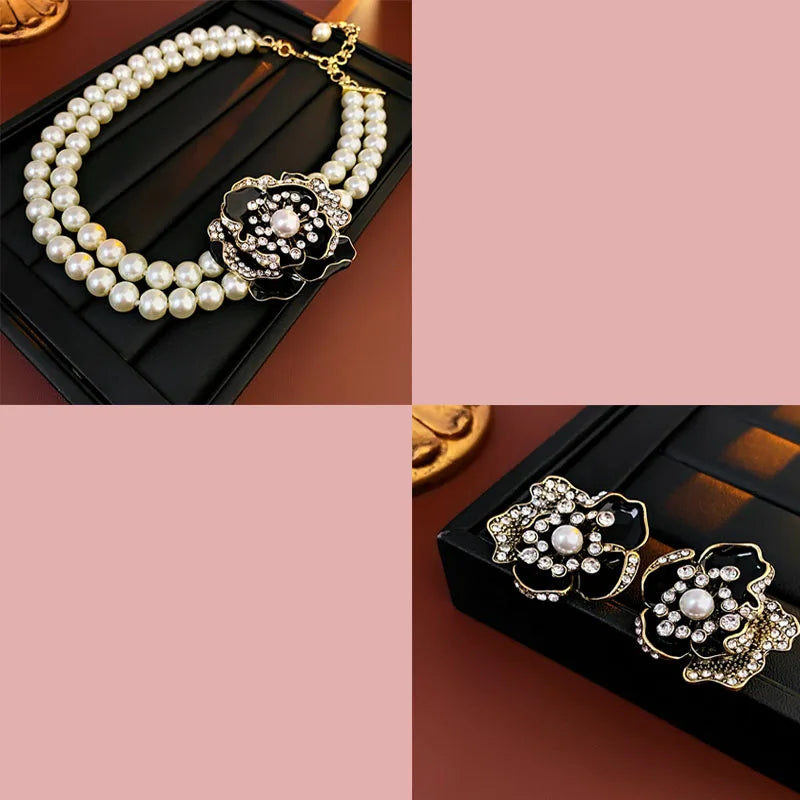 Imitation Pearl Flowers Stud Earrings French Retro Exquisite Luxury Dropping Chain Necklace Romantic Jewelry Sets Wedding H
