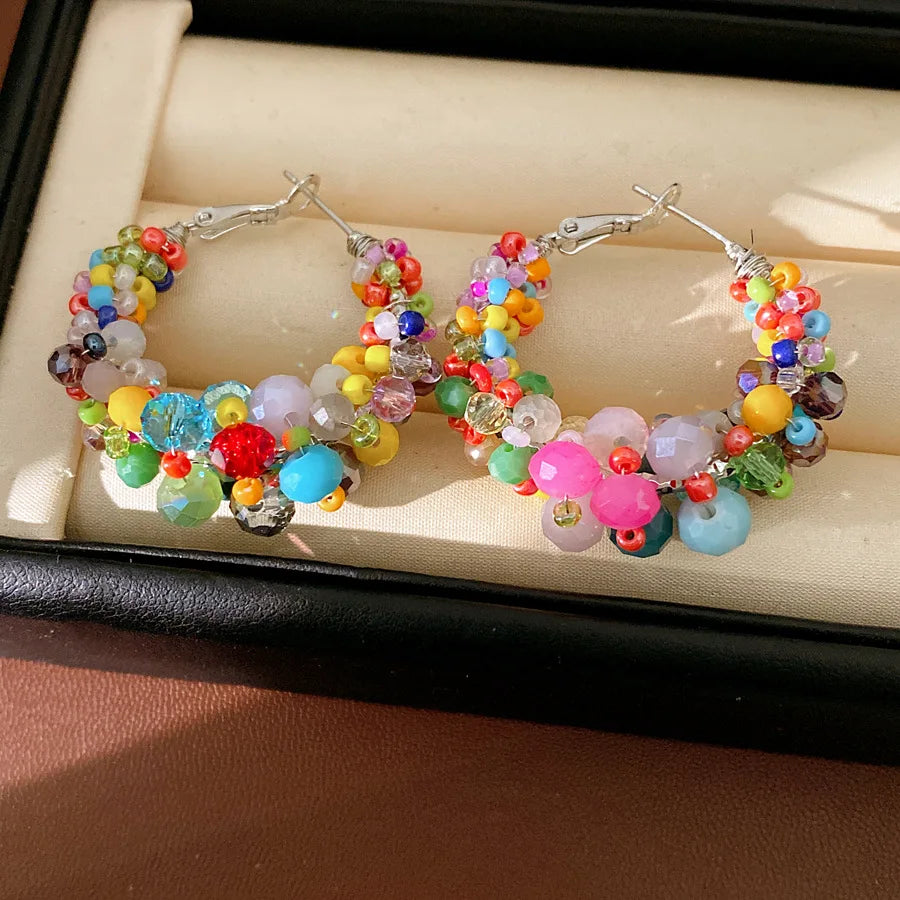 Colorful Glass Beaded Cluster Hoop Earrings for Women Shiny Wrapped Circle Huggie Earrings Vacation Festival Beach Jewelry N