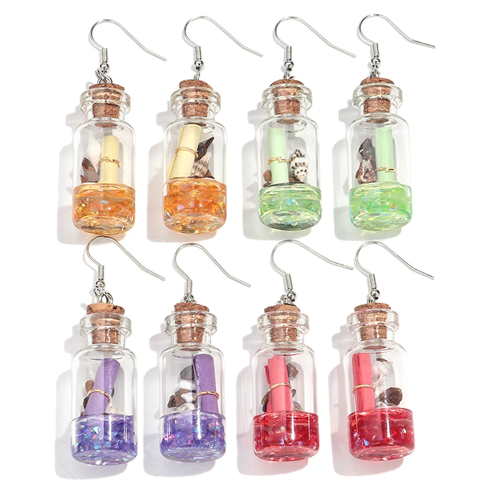 Creative Transparent Glass Drift Bottle Drop Earrings Cute Marine Animals Wish Bottle Dangle Earring Handmade Jewelry Gifts