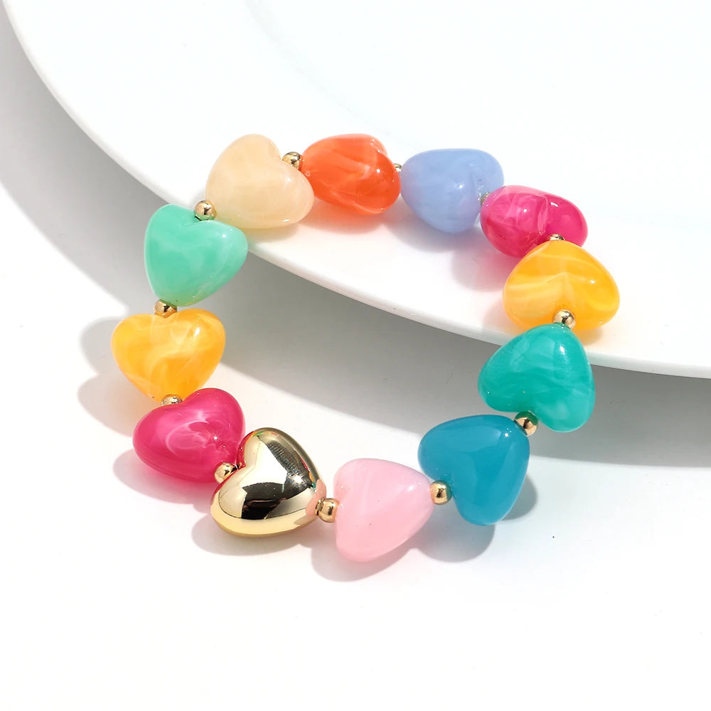 Sweet Resin Love Heart Beads Elastic Bracelets for Women Cute Geometric Heart Shape Stretch Bracelet Party Jewelry Gifts