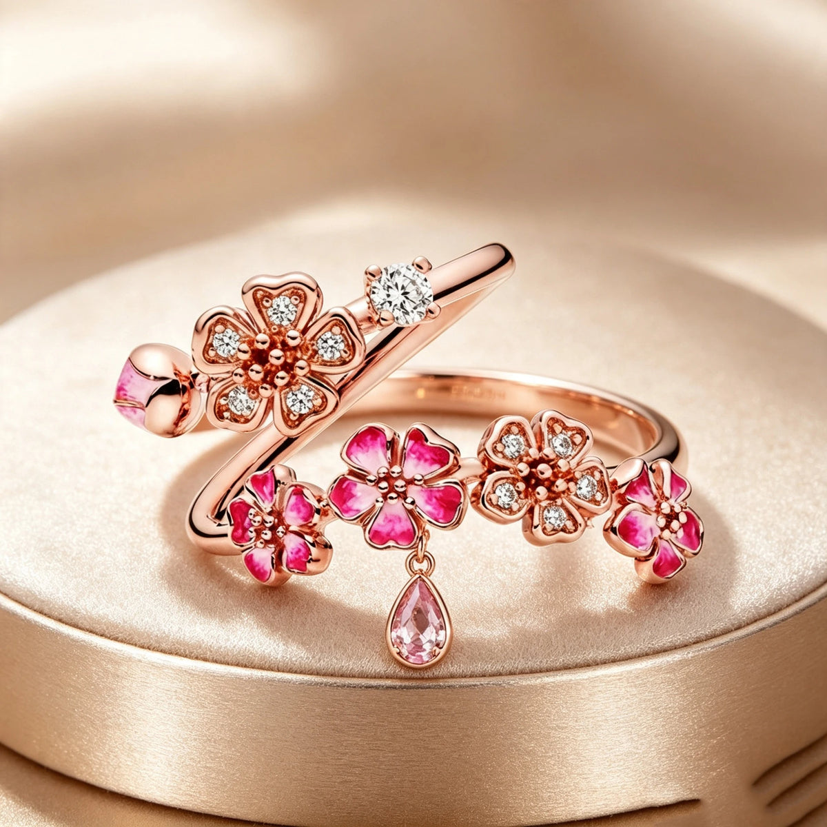 Charm Luxury Female Pink Bule Flower Zircon Stone Adjustable Open Ring RoseGold Silver Color Cute Gift Wedding Jewelry For Women