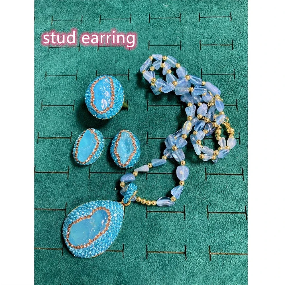 Turkish Raw Baroque Aquamarine Crystal Jewelry Set for Women Rhinestone Quartz Irregular Stone Necklace Ring Hook Earring Sets