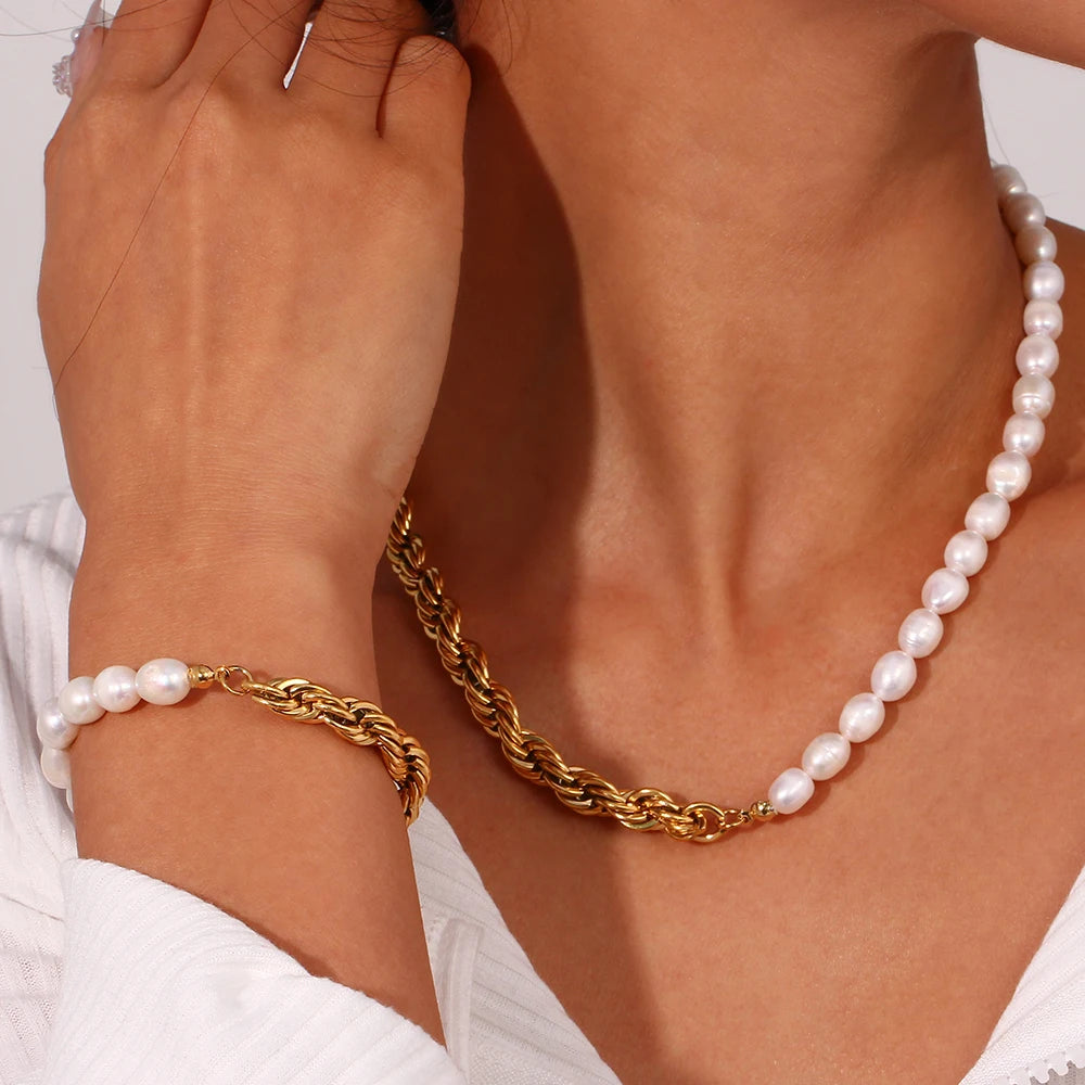 E.B.belle Bold Twisted Rope Chain Splicing with Freshwater Pearl Chunky Chain Necklace Jewelry On The Neck For Women