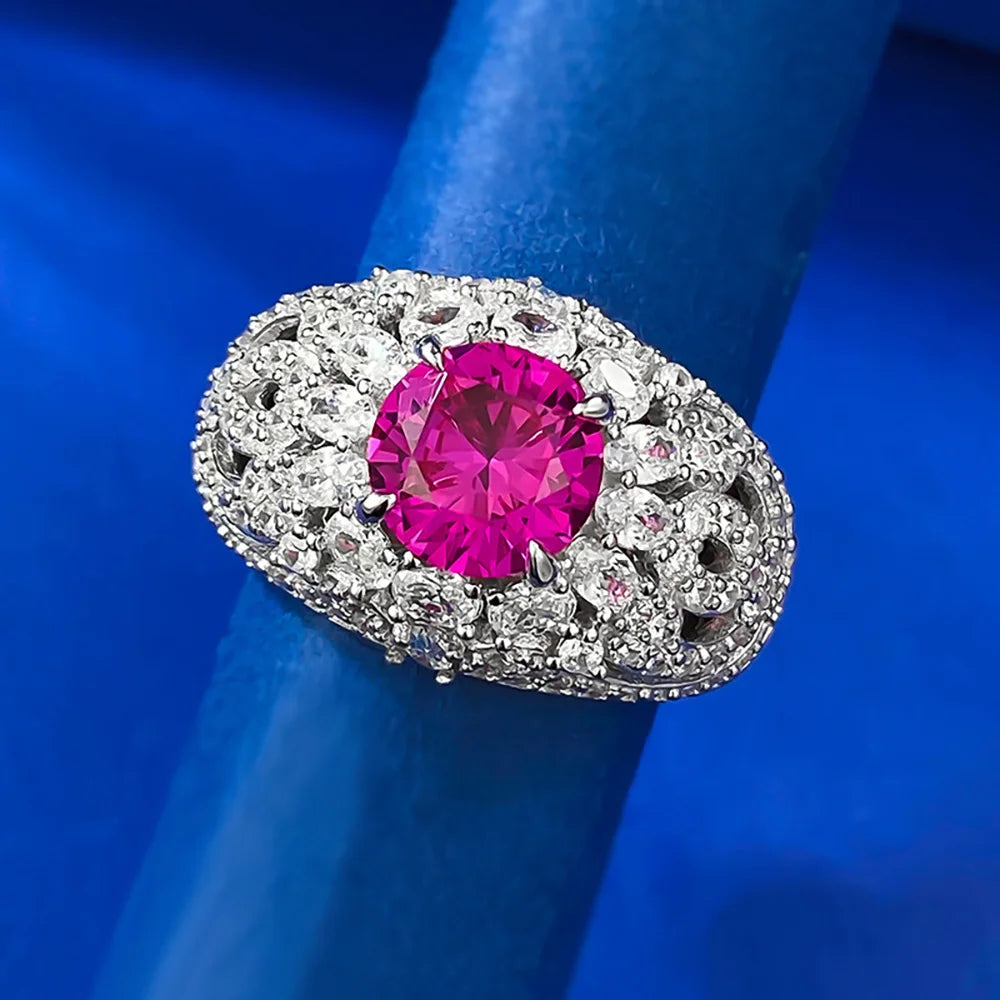 Vintage 100% 925 Sterling Silver 8mm Rose Red Ruby Rings for Women Gemstone Wedding Cocktail Party Fine Jewelry Anniversary Gift